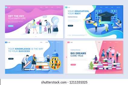 Set Of Landing Page Template For Education, Know How, University, Business Solutions. Modern Vector Illustration Flat Concepts Decorated People Character For Website And Mobile Website Development.