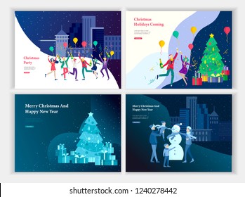 Set of Landing page template or greeting card. Friend celebrates Merry Christmas and Happy New Year. Character family buying gift, with purchases, makes snowman. Christmas tree on urban park landscape