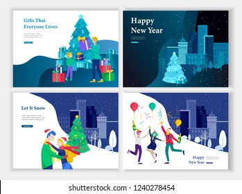 Set of Landing page template or greeting card. Friend celebrates Merry Christmas and Happy New Year. Character family buying gift, with purchases, makes snowman. Christmas tree on urban park landscape