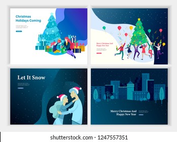 Set of Landing page template or greeting card. Friend or colleagues celebrates Merry Christmas, Happy New Year corporate party. Character romantic couple in love. Christmas tree on urban landscape