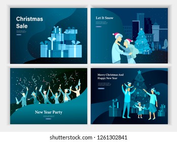 Set of Landing page template or greeting card, family decorating Christmas tree. Merry Christmas, Happy New Year corporate or friend party. Character romantic couple love. Lot gift on urban landscape