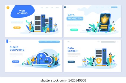 Set of landing page template for Hosting, Data Protection, Data Center, Cloud Computing. Modern vector illustration flat concepts decorated people character for website and mobile website development.