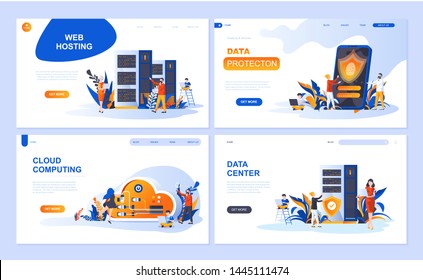 Set of landing page template for Hosting, Data Protection, Data Center, Cloud Computing. Modern vector illustration flat concepts decorated people character for website and mobile website development.