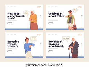 Set of landing page template offering smartwatch device and different application for users