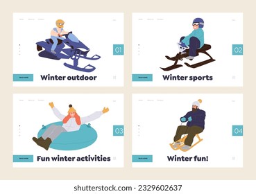 Juego de plantillas de página de aterrizaje que ofrecen diversión en la estación de esquí y actividades al aire libre en invierno