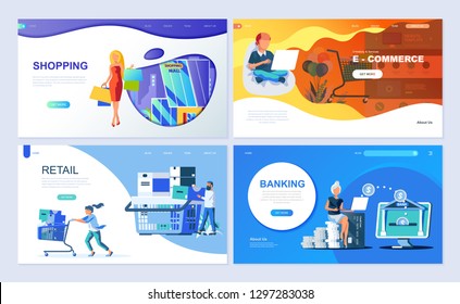 Set of landing page template for Online Shopping, E-commerce, Retail, Internet Banking. Modern vector illustration flat concepts decorated people character for website and mobile website development.