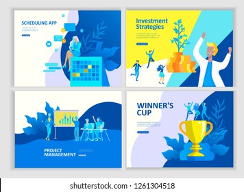 Set Landing page template people develop, business app, winners cup, financial consultant research, cooming soon start up and solution. Vector illustration concept website mobile development