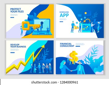 Set Landing page template people develop, business app, winners cup, financial consultant research, cooming soon start up and solution. Vector illustration concept website mobile development