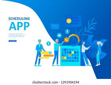 Set Landing page template people business scheduling app, strategic planning merger, investment strategies, career growth, research and development. Vector illustration concept website mobile