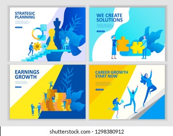 Set Landing page template people business app, file protection merger, focus group research and career growth cooming soon start up and solution. Vector illustration concept website mobile development