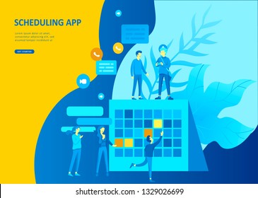 Set Landing page template people business scheduling app, strategic planning merger, investment strategies, career growth, research and development. Vector illustration concept website mobile