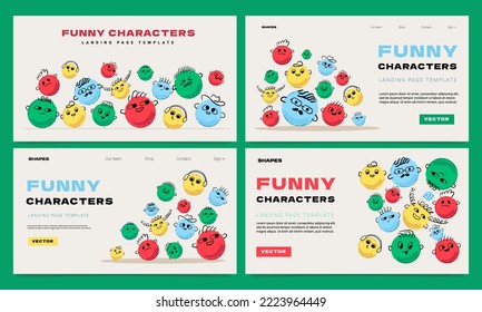 Un conjunto de plantillas de página de inicio con caracteres redondos de color con diferentes emociones dispuestas en un orden caótico. Una metáfora de un equipo, relaciones y cooperación.