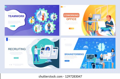 Set of landing page template for Teamwork, Recruiting, Brainstorming, Coworking Office. Modern vector illustration flat concepts decorated people character for website and mobile website development.