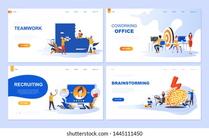 Set of landing page template for Teamwork, Recruiting, Brainstorming, Coworking Office. Modern vector illustration flat concepts decorated people character for website and mobile website development.