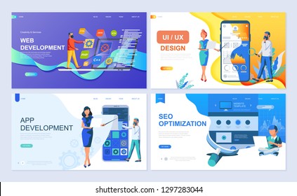 Set of landing page template for Web and App Development, UI/UX Design, SEO. Modern vector illustration flat concepts decorated people character for website and mobile website development.