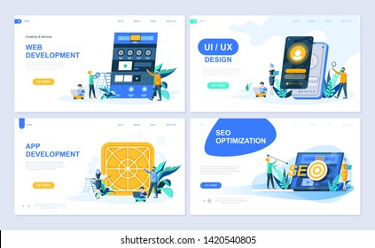 Set of landing page template for Web and App Development, UI/UX Design, SEO Optimization. Modern vector illustration flat concepts decorated people character for website and mobile website development