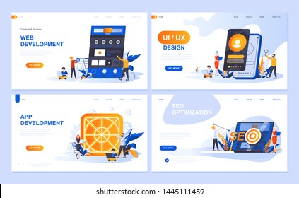 Set of landing page template for Web and App Development, UI/UX Design, SEO Optimization. Modern vector illustration flat concepts decorated people character for website and mobile website development