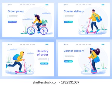 Set of Landing Page With Templates For Creating Courier Delivery Sites. Flat 2D Vector Illustration.