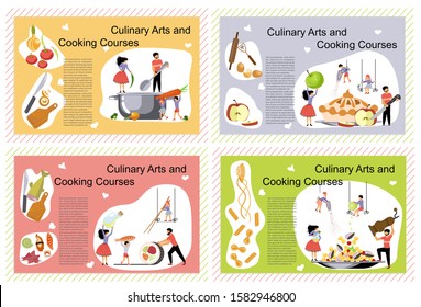 Set of Landing Page Templates of Culinary art and cooking courses. Happy family cooking together concept. Dad, mom, daughter, son enjoys of cookery. Flat Art Vector Illustration