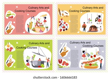 Set of Landing Page Templates of Culinary art and cooking courses. Happy family cooking together concept. Dad, mom, daughter, son enjoys of cookery. Flat Art Vector Illustration