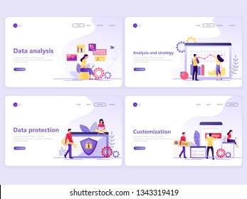 Set of Landing page templates. Data analysis, strategy, protection, customization. Flat vector illustration concepts for a web page or website
