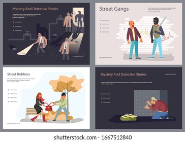Conjunto de plantillas de página de inicio para el blog de detectives o la agencia. Detectives personajes en el trabajo investigando y resolviendo crímenes, bandas callejeras y ladrones. Ilustración de vectores de arte plano