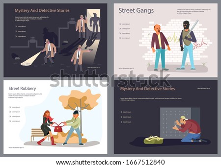Set of Landing page templates for Detective blog or agency. Detectives characters at Work Investigating and Solving Crimes, street gangs and robbers. Flat Art Vector illustration