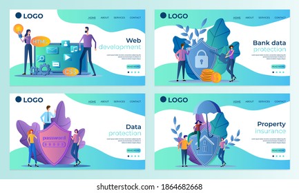 A set of landing page templates.Web development, Bank data Protection, property Insurance.Templates for use in mobile app development.Flat vector illustration.