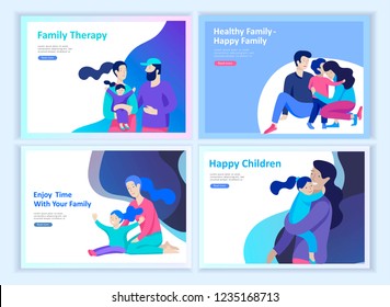 Set of Landing page templates happy family, travel and psychotherapy, family health care, goods entertainment for mother father and their children. Parents with daughter and son have fun togethers