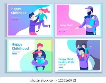 Set of Landing page templates for happy Father's day, child health care, happy childhood and children, goods and entertainment for Father with children. Parents with daughter and son have fun