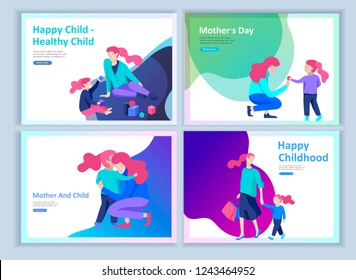 Set of Landing page templates for happy mothers day, child health care, happy childhood and children, goods and entertainment for mother with children. Parents with daughter and son have fun togethers