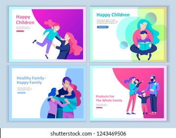 Set of Landing page templates happy family, travel and psychotherapy, family health care, goods entertainment for mother father and their children. Parents with daughter and son have fun togethers