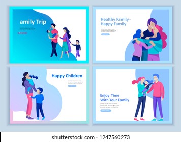 Set of Landing page templates happy family, travel and psychotherapy, family health care, goods entertainment for mother father and their children. Parents with daughter and son have fun togethers