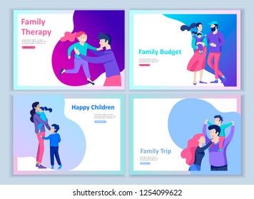 Set of Landing page templates happy family, travel and psychotherapy, family health care, goods entertainment for mother father and their children. Parents with daughter and son have fun togethers