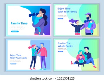 Set of Landing page templates happy family, travel and psychotherapy, family health care, goods entertainment for mother father and their children. Parents with daughter and son have fun togethers