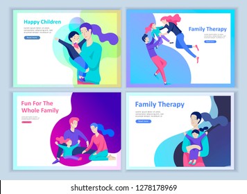 Set of Landing page templates happy family, travel and psychotherapy, family health care, goods entertainment for mother father and their children. Parents with daughter and son have fun togethers