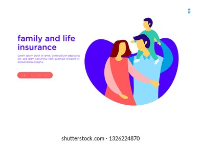 Set of Landing page templates happy family, travel and psychotherapy, family health care, goods entertainment for mother father and their children. Parents with daughter and son have fun togethers