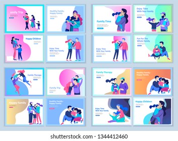 Set of Landing page templates happy family, travel and psychotherapy, family health care, goods entertainment for mother father and their children. Parents with daughter and son have fun togethers