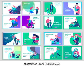 Set of Landing page templates happy family, travel and psychotherapy, family health care, goods entertainment for mother father and their children. Parents with daughter and son have fun togethers