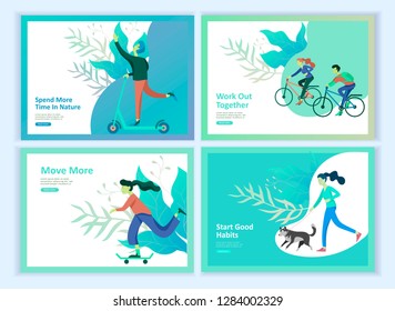 Set of Landing page templates for hobby blog. People enjoying their hobbies, dancing, riding a scooter, paint walls and a picture, play the guitar, cooking. Vector characters