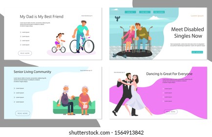 Set of Landing Page Templates of Love, friendship and relationship . Happy different people with lovers, partner or friend hugging, dancing and talking. Flat Art Vector illustration