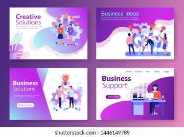 Set of Landing page templates. Modern flat concept web banners with people character. Business service app, team work, support, solution, workflow. Easy to edit and customize. Vector illustration.