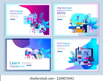 Set of Landing page templates for Online language courses, distance education, training. Language Learning Interface and Teaching Concept. Education Concept, training young people. Internet students