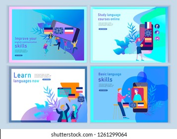 Set of Landing page templates for Online language courses, distance education, training. Language Learning Interface and Teaching Concept. Education Concept, training young people. Internet students