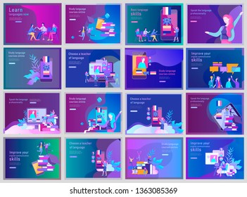 Set of Landing page templates for Online language courses, distance education, training. Language Learning Interface and Teaching Concept. Education Concept, training young people. Internet students