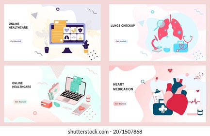 Set of landing page templates for online healthcare, heart medication, lungs checkup, online medical consultation, pharmacy. Doctor, clinic, therapist for website, UI, mobile application, banners.