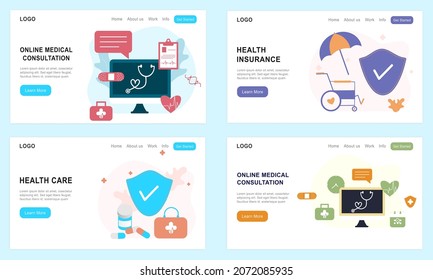 Set of landing page templates for online healthcare, heart medication, health insurance, medical drugs, online medical consultation. Doctor, pharmacy, therapist for website, UI, mobile application.