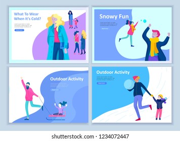 Set of Landing page templates. People dressed in winter clothes or outerwear performing outdoor activities fun. Snow festival, sledding or snowboard. Christmas family ski skating, skiing extreme sport