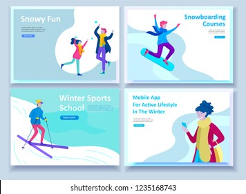 Set of Landing page templates. People dressed in winter clothes or outerwear performing outdoor activities fun. Snow festival, sledding or snowboard. Christmas family ski skating, skiing extreme sport