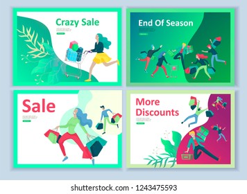 Set Landing page templates. People running for sale, crazy discounts, end of season, carrying shopping bags with purchases. Madness on seasonal sale at store shop. Cartoon character for black friday